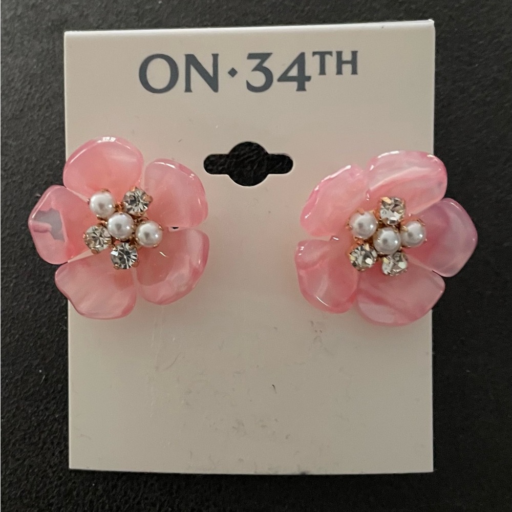 On 34th Silver-Tone Pink Color Imitation Mother-of-Pearl Flower Stud Earrings